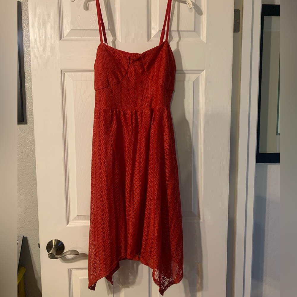 Red Spaghetti Strap Lace Handkerchief Hem Dress